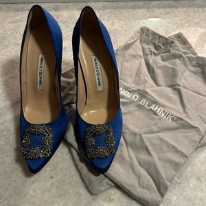 Manolo Blahnik Blue Silk Satin Crystal Hangisi Heels — NEVER WORN — 40